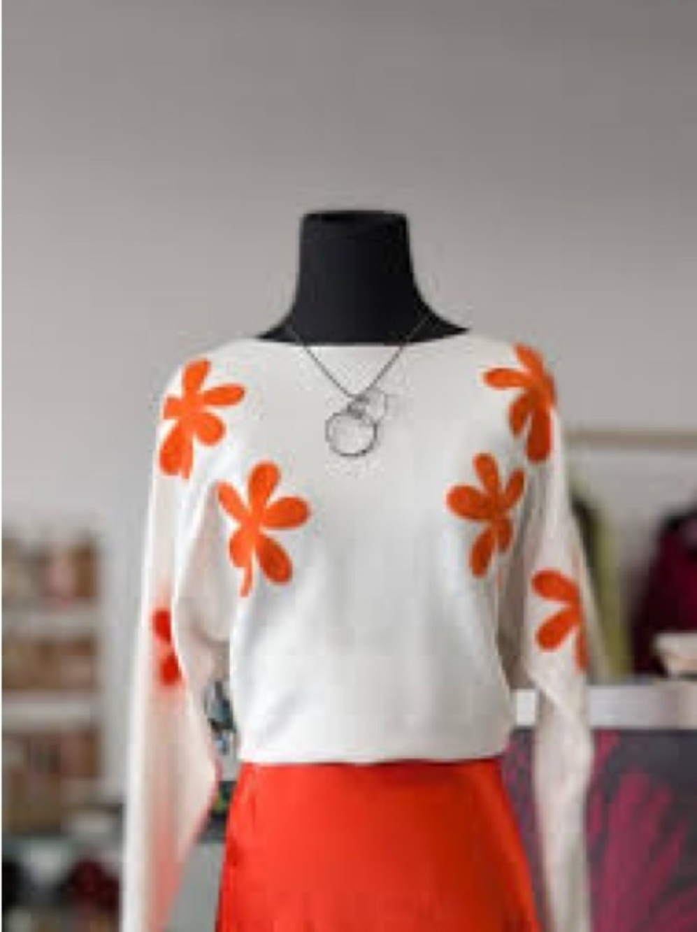 Aaeda Orange Flowers Knit white Sweater Dolman Sleeves L